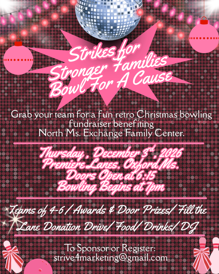 Strikes for Stronger Families, Bowl for a Cause event flyer: Thursday, December 3, 2026, Premiere Lanes, Oxford, Mississippi. Doors open at 6:15 PM, bowling begins at 7 PM.